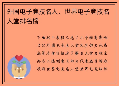外国电子竞技名人、世界电子竞技名人堂排名榜